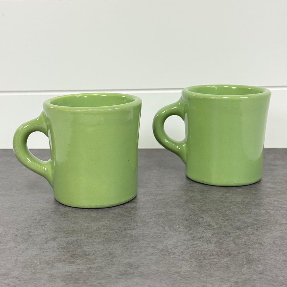 Vintage Chunky Green Ceramic Coffee Mugs Set of 2 Diner Style Heavy Weight